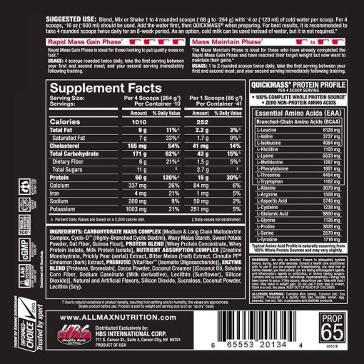 allmax nutriton quickmass gainer 6lbs nutrition facts